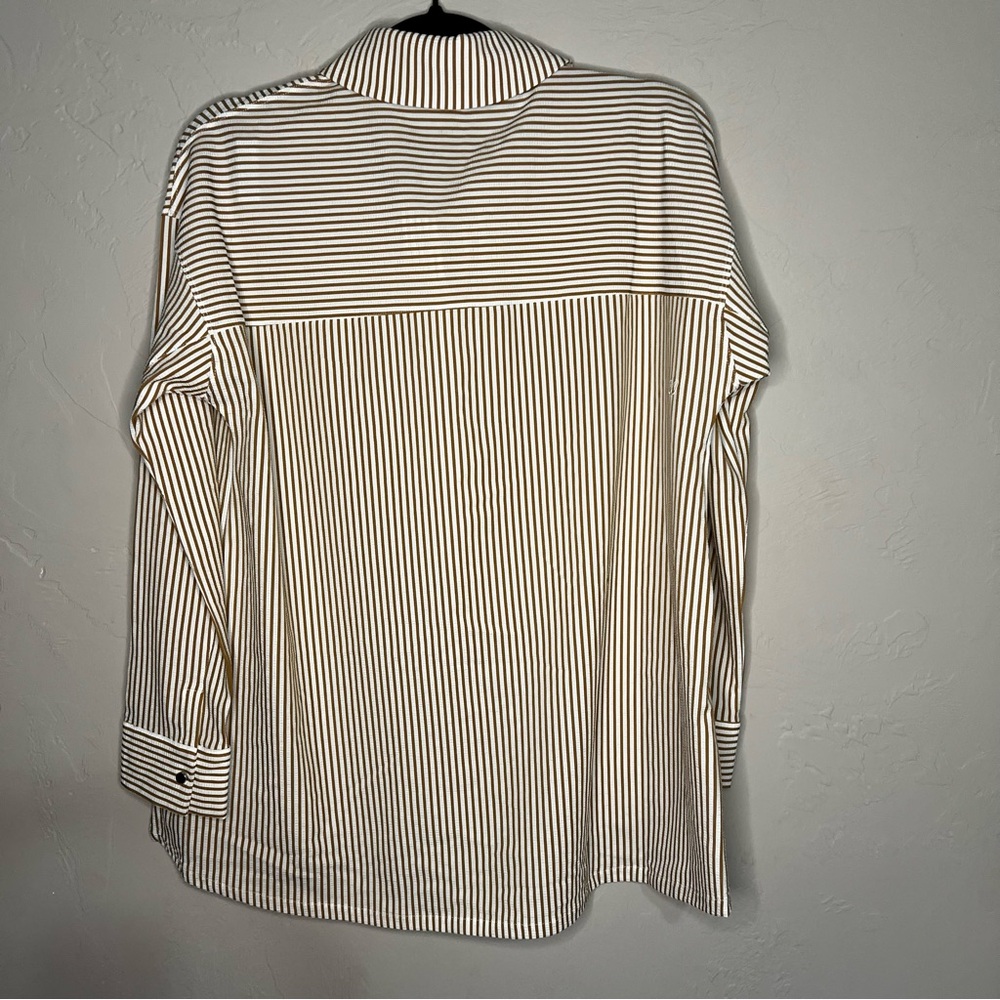 ADAY‎ Something Striped Brown White Flowy Button Down High Low Shirt - Picture 7 of 8